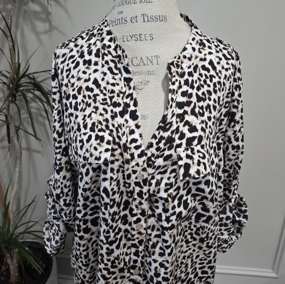NWT Calvin Klein Leopard Print Blouse Sz.3XL long Sleeve Roller Up - Picture 2 of 11